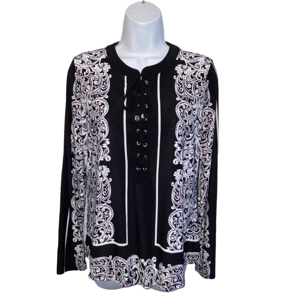 INC International Concepts Black White Floral Retro Top Blouse - Women’s Small